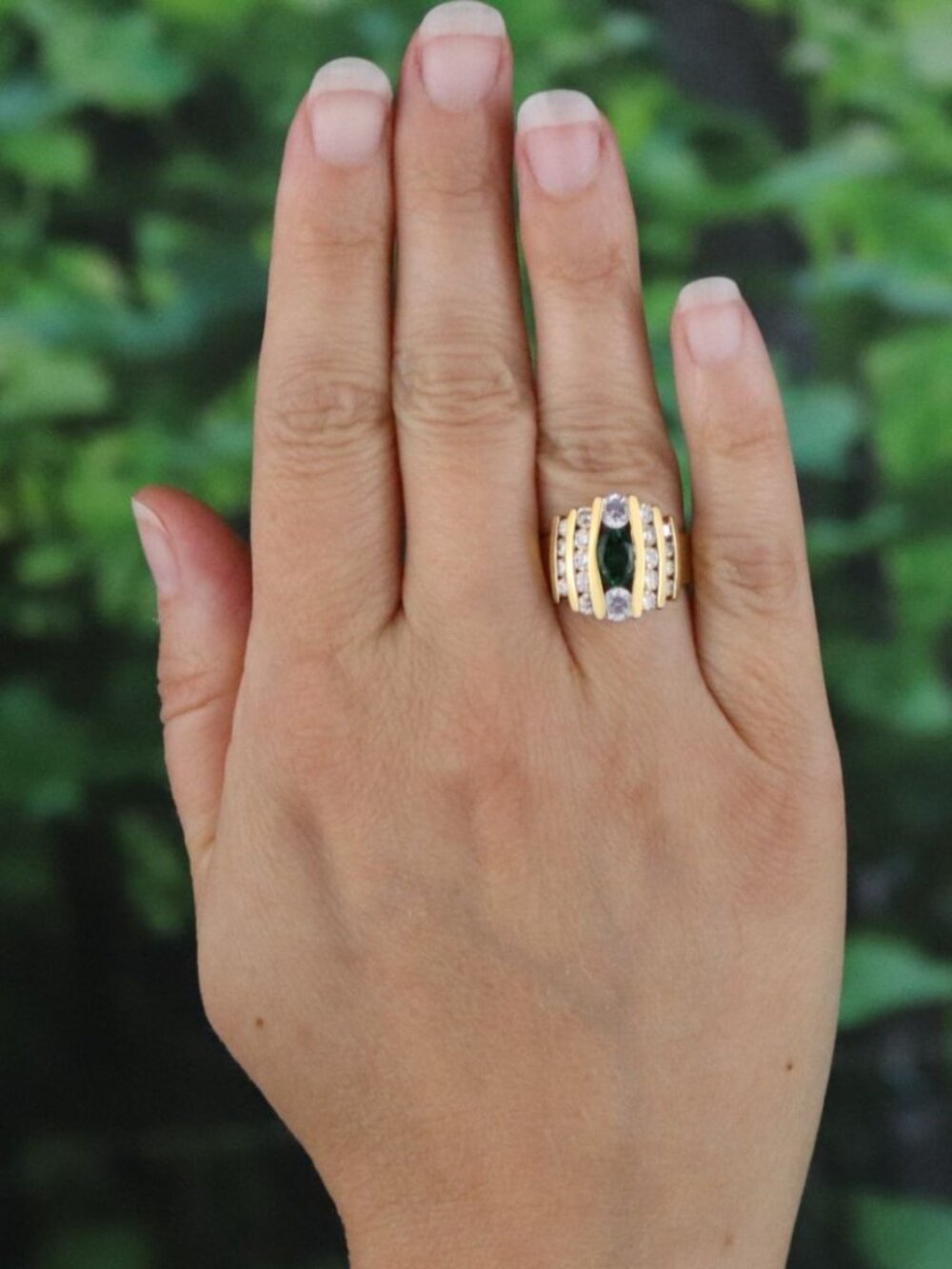18k Gold Over Sterling Silver Lab Created Emerald & Cubic Zirconia Ring Size 7 - Picture 3 of 9